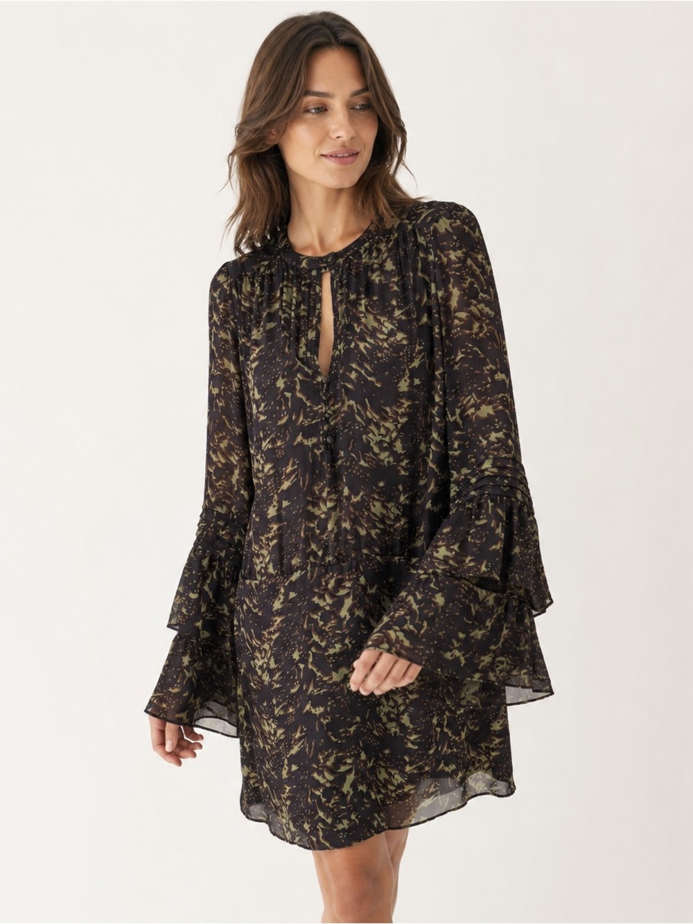 NWOT Parker Silk Dress Black Green Flared Sleeve Mini Large